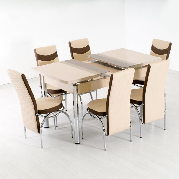 Evform Çizgi Seri Mutfak Masası Takımı Açılır Camlı Masa 6 Sandalyeli Masa Sandalye
