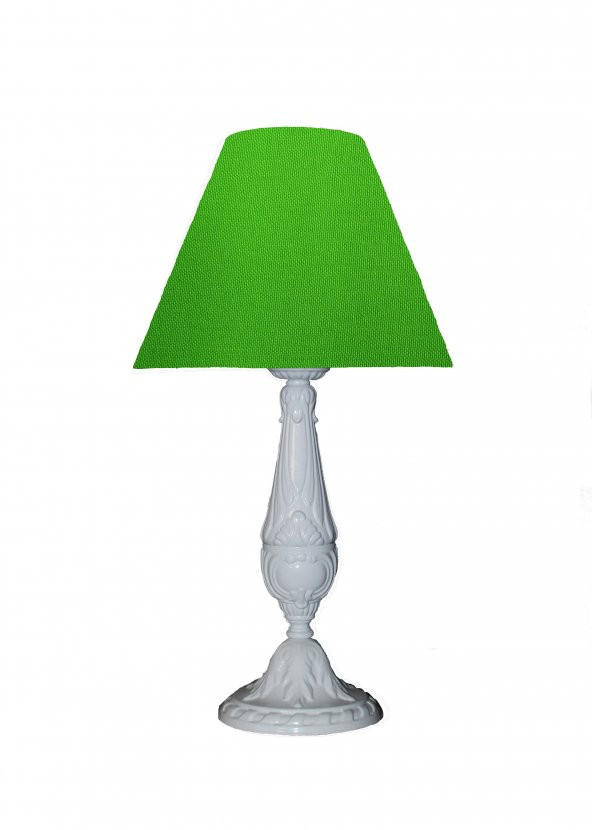 Merve Abajur/Keten Yeşil Başlıklı Döküm Beyaz Ayaklı Masa Lambası