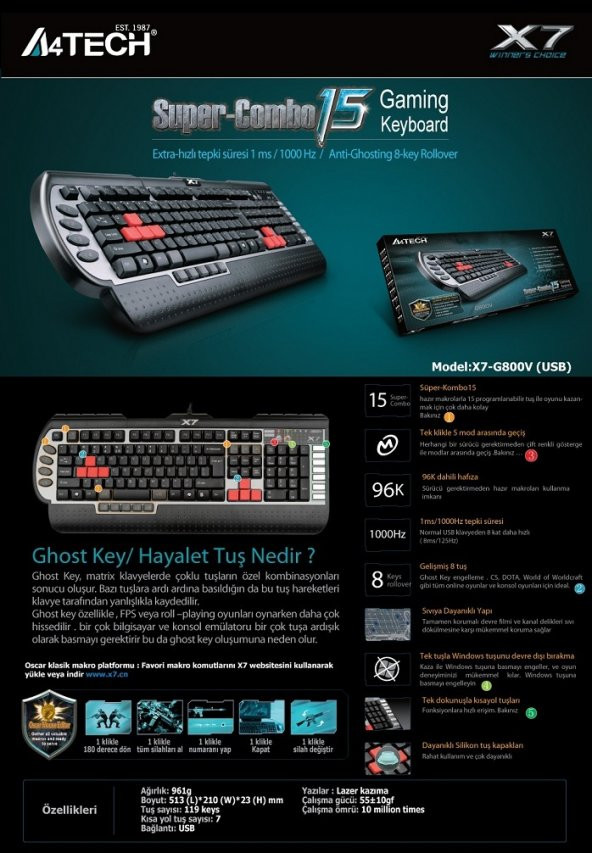 A4 TECH X7-G800V Q KLAVYE USB SİYAH GAMER - Resim 2