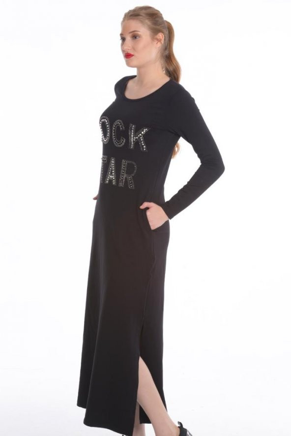 Rock Star Penye Elbise Siyah 6032-2
