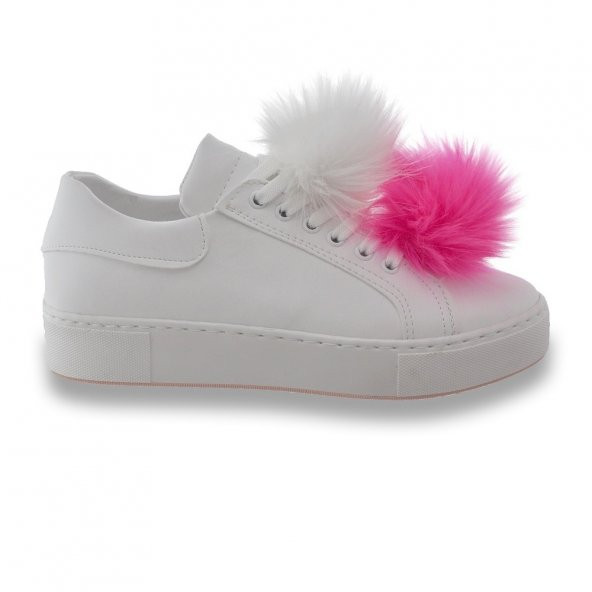 Beyaz Spor Ayakkabı Bayan Sneakers Ponponlu Pembe Tüylü