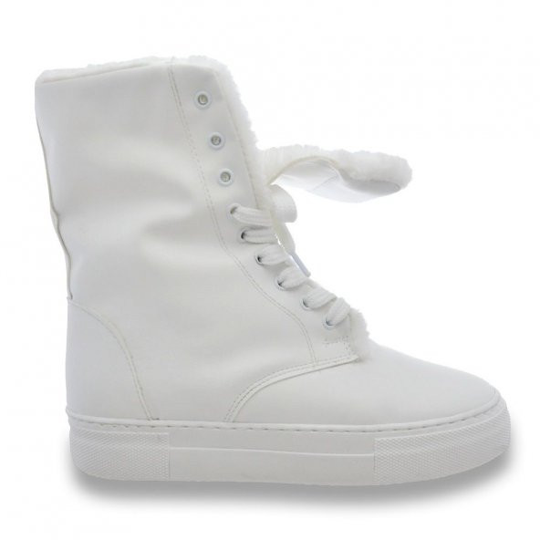Beyaz Bot Kadın Kürklü Ayakkabı Bağcıklı Sneakers Çizme