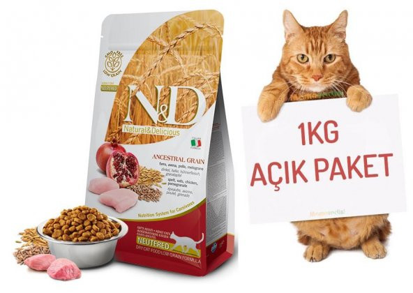 N&D Tavuk Narlı Yetişkin Düşük Tahıllı Kısır Kedi Maması AÇIK 1 KG