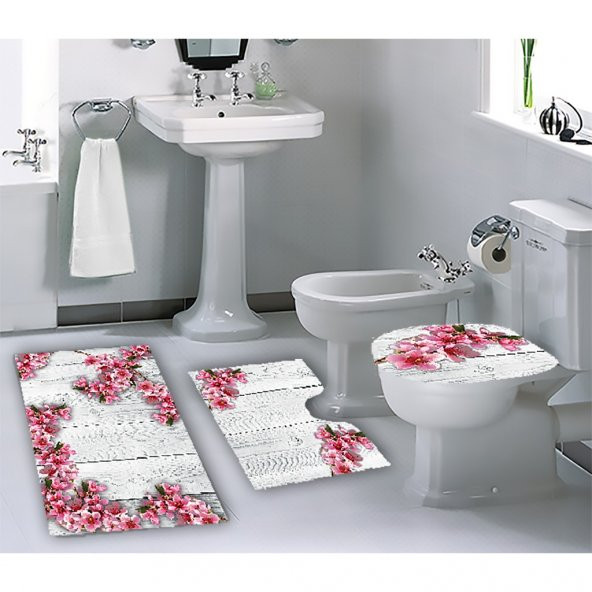 MELAY BEYAZ AHŞAPTA KİRAZ ÇİÇEKLERİ BANYO PASPAS KLOZET SET - 2