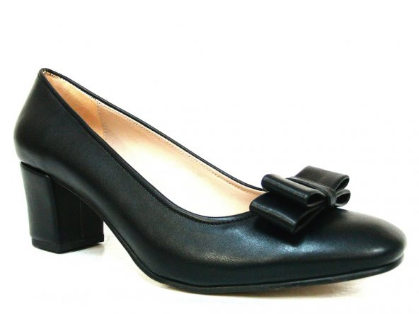 Zenay 1403 Siyah Fiyonklu Deri Topuklu Bayan Ayakkabı