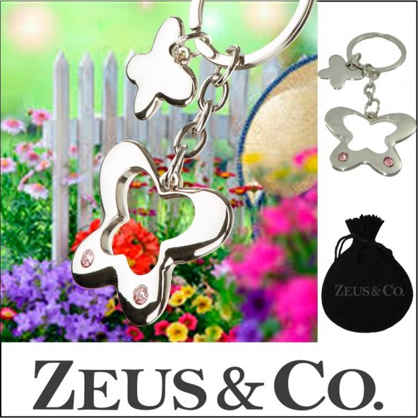 Zeus&Co. Taşlı 2 Kelebek Anahtarlık 3 Boyutlu Hediye Kesesi içind