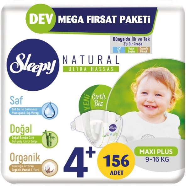 Sleepy Bebek Bezi Naturel Beden:4+ (9-16Kg) Maxi Plus 156 Adet Dev Mega Fırsat Pk