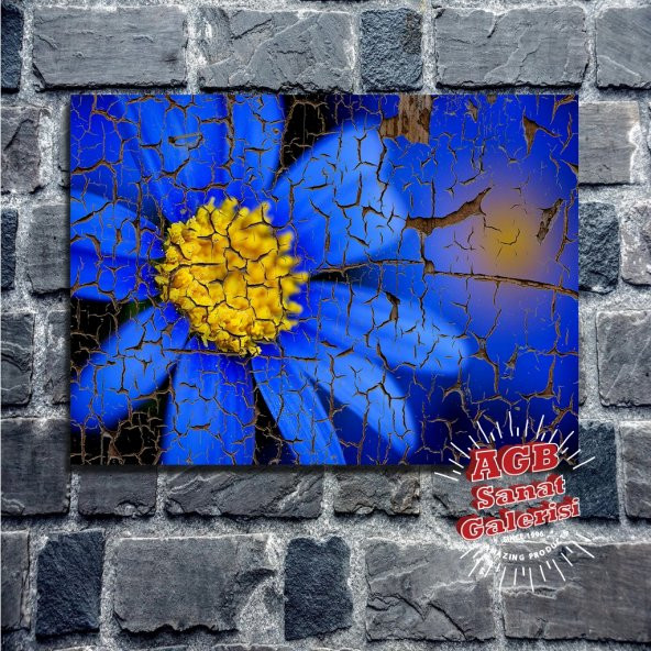 Mavi Çiçek Ahşap Eskitme Desenli Tablo Ev,cafe
