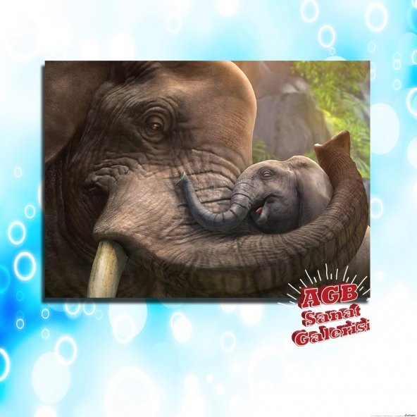 Hayvanlar Dekoratif Tablo Anne ve Yavru Fil Arasındaki Sevgi
