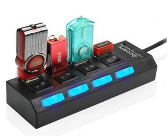 4 Port USB Hub Çoklayıcı Çoğaltıcı 2.0 Switch Anahtarlı Işıklı