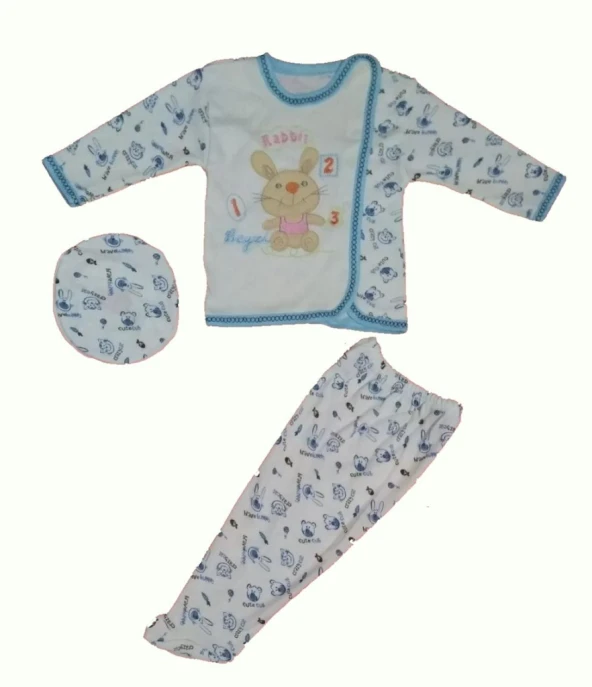 Beyzi Erkek Bebek Pijama Takımı Ayaklı Şapkalı 3 Parça 0-4 Aylık