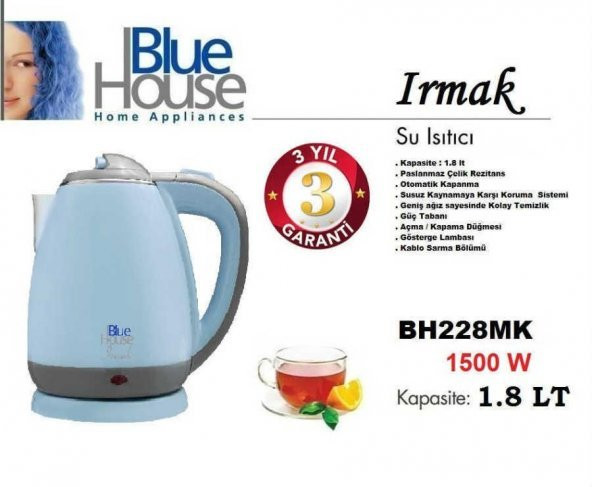 Blue House BH228MK Irmak Kettle Su Isıtıcı 1500Watt Mavi