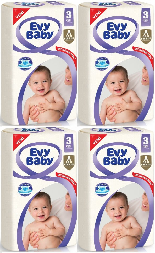 Evy Baby Ekonomik 4 Lü Set Beden:3 (5-9Kg) Midi 180 Adet (4Pk*45) Bebek Bezi