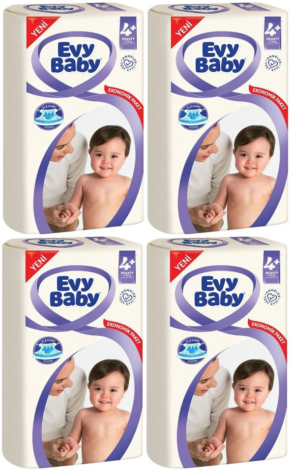 Evy Baby Ekonomik 4 Lü Set Beden:4+ (9-20Kg) 128 Adet Maxi Plus (4Pk*32) Bebek Bezi