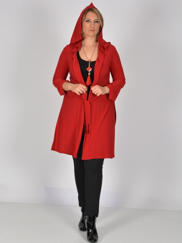 Nidya Moda Büyük Beden Kapşonlu Kuşaklı Kırmızı Ceket Tunik-1016SBK