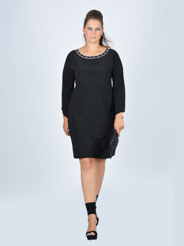 Nidya Moda Büyük Beden Taşlı Yaka Salaş Kol Siyah Abiye Elbise-4001S