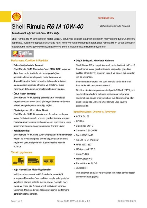 Shell Rimula R6 M 10W40 Kova-20 L(E7/Mb 228.5/Man:m3277) - 5