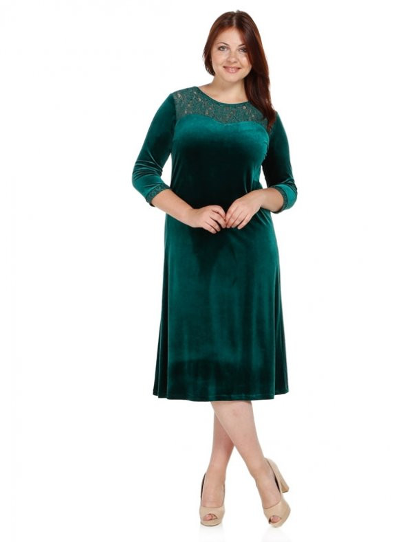 Nidya Moda Büyük Beden Roba Manşet Dantelli Yeşil Kadife Abiye Elbise-4078KY