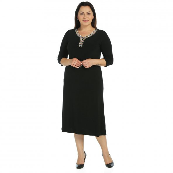 Nidya Moda Büyük Beden Renk Taşlı Yaka Siyah Abiye Elbise-4091S