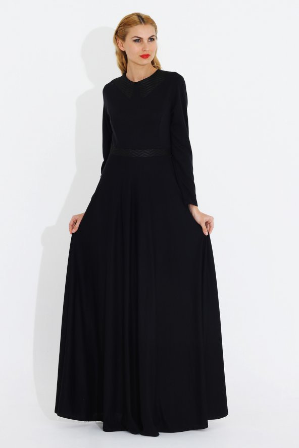 Nidya Moda Büyük Beden Yaka Kemer Deri Uzun Abiye  Siyah Elbise-4041S
