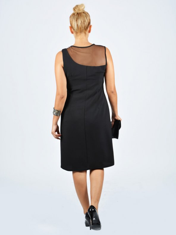 Nidya Moda Büyük Beden Roba Tül Taş İşli Abiye Siyah Elbise-4011S