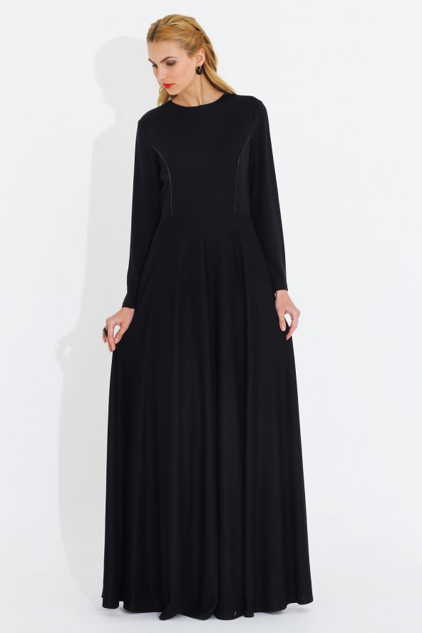Nidya Moda Büyük Beden Deri Biyeli Uzun Siyah Elbise-4042S