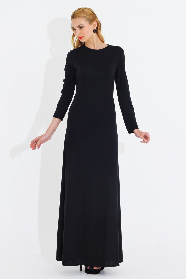 Nidya Moda Büyük Beden Klasik Uzun Siyah Elbise-4043S