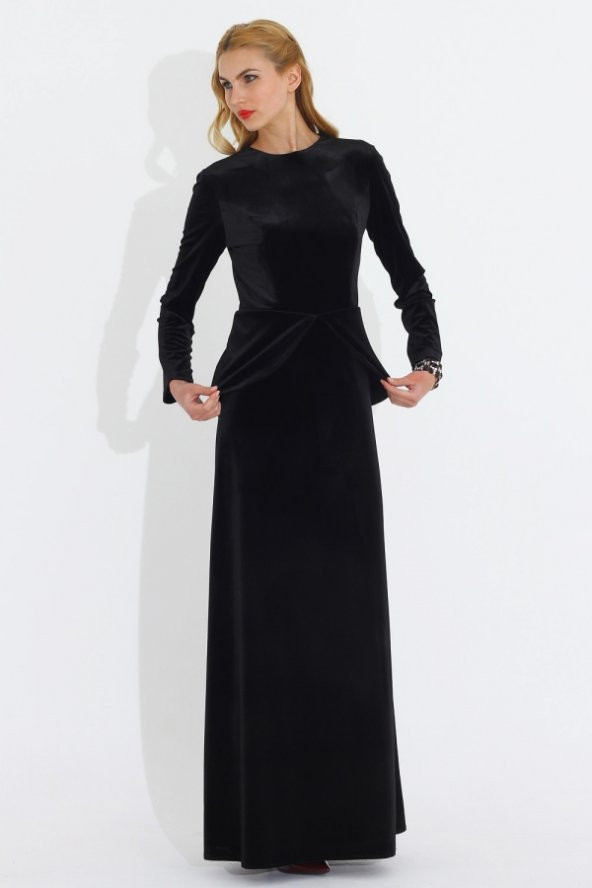 Nidya Moda Büyük Beden Peplumlu Kadife Uzun Abiye Siyah Elbise-4044S