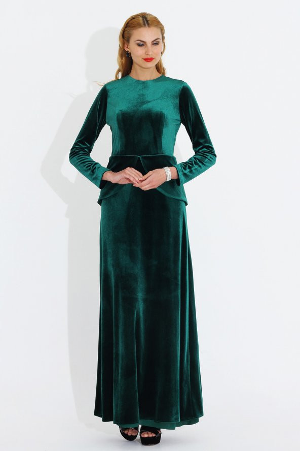 Nidya Moda Büyük Beden Peplumlu Kadife Yeşil Uzun Abiye Elbise-4044Y