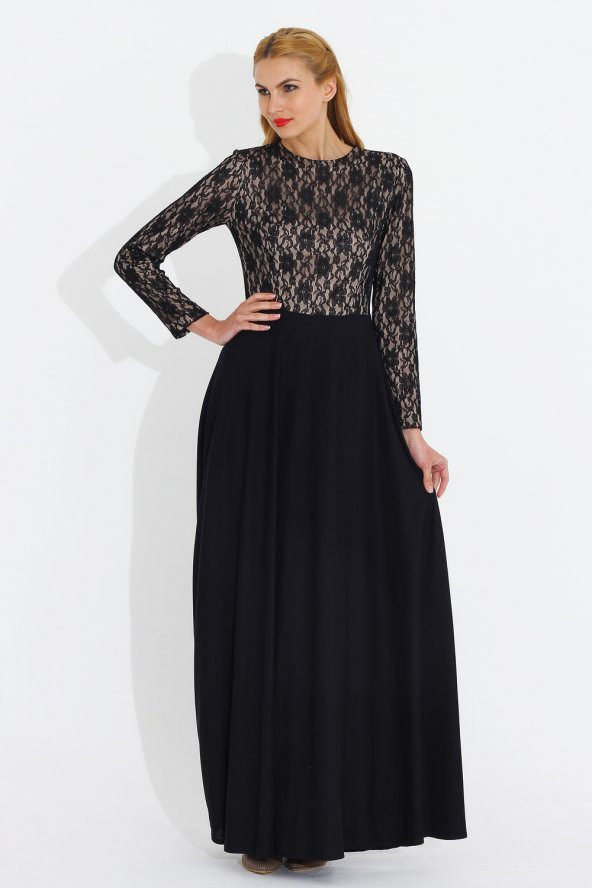 Nidya Moda Büyük Beden Üst Dantelli Uzun Abiye  Siyah Elbise-4045S