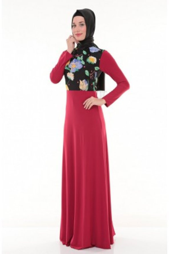 Nidya Moda Tesettür Üst Bahar Kombin Kırmızı Uzun Abiye Elbise-4046TK
