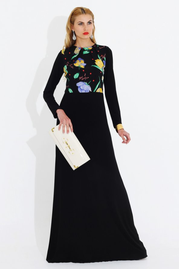 Nidya Moda Büyük Beden Pili Yaka Üst Bahar Kombin Uzun Abiye Siyah Elbise-4046S