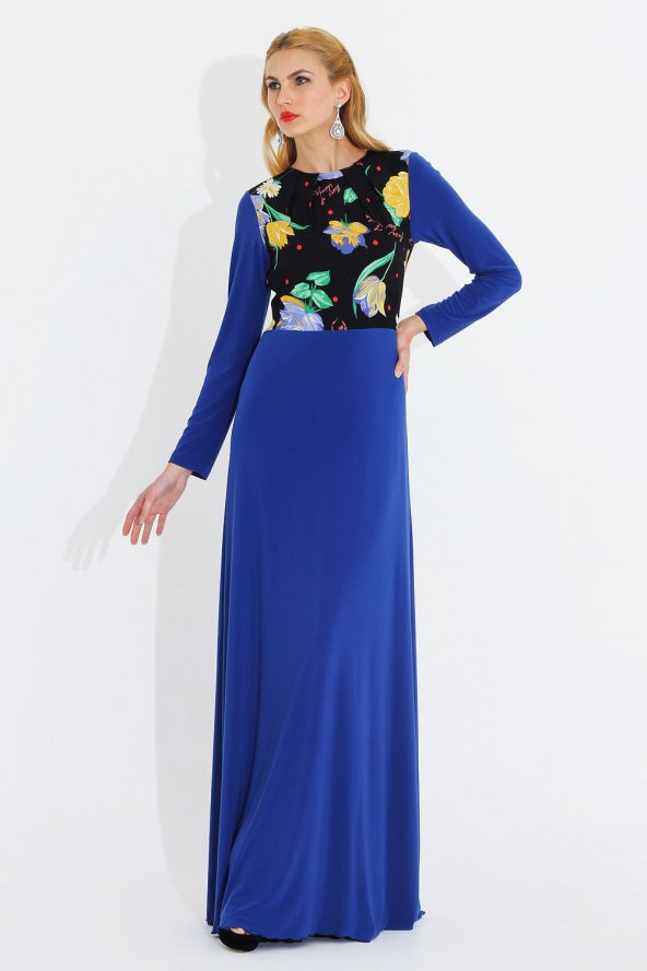 Nidya Moda Büyük Beden Pili Yaka Üst Bahar Kombin Uzun Saks Abiye Elbise-4046SX