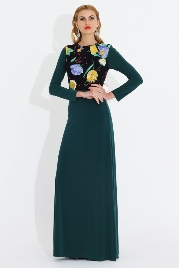 Nidya Moda Büyük Beden Pili Yaka Üst Bahar Kombin Uzun Yeşil Abiye Elbise-4046Y