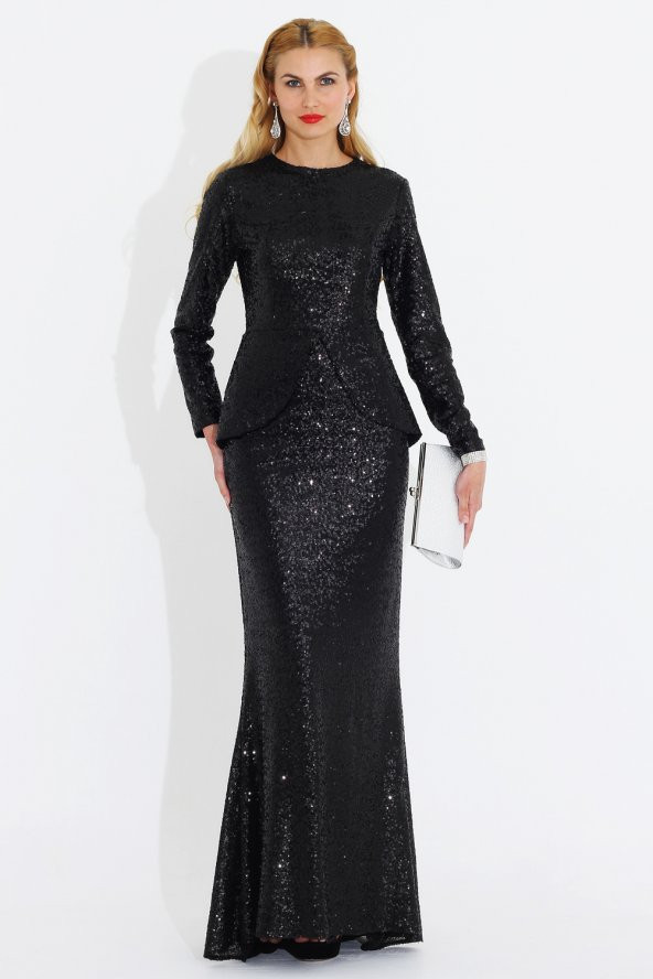 Nidya Moda Büyük Beden Peplum Pullu Payet Uzun Balık Abiye Siyah Elbise-4047S