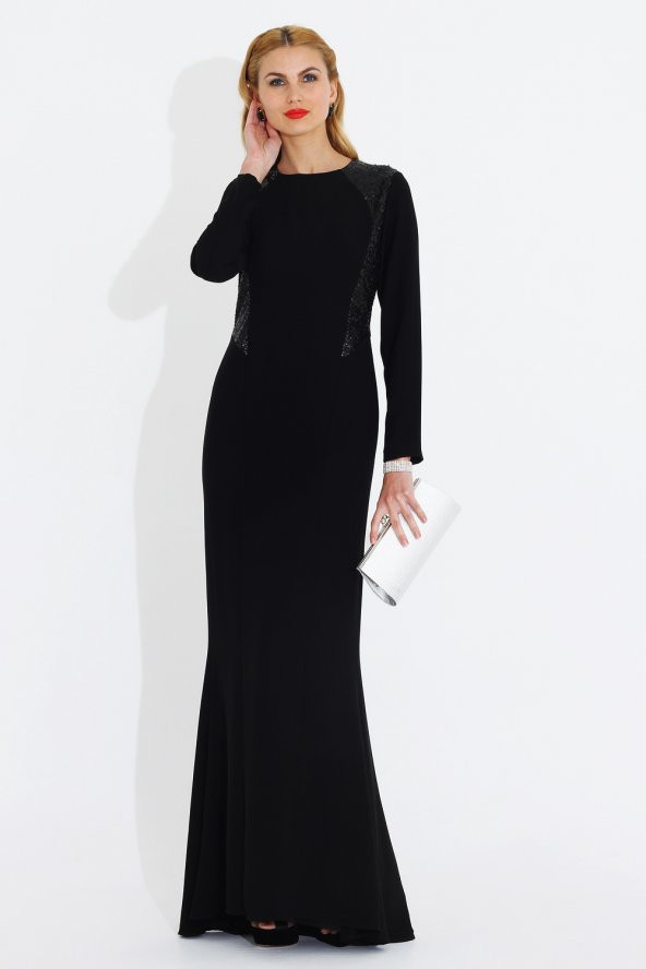 Nidya Moda Büyük Beden Pullu Payetli Uzun Balık Abiye Siyah Elbise-4048PS