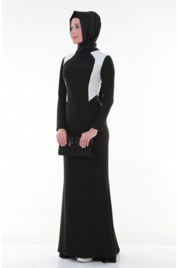Nidya Moda Tesettür Krem Kombinli Krep Balık Abiye Siyah Elbise-4048TKS