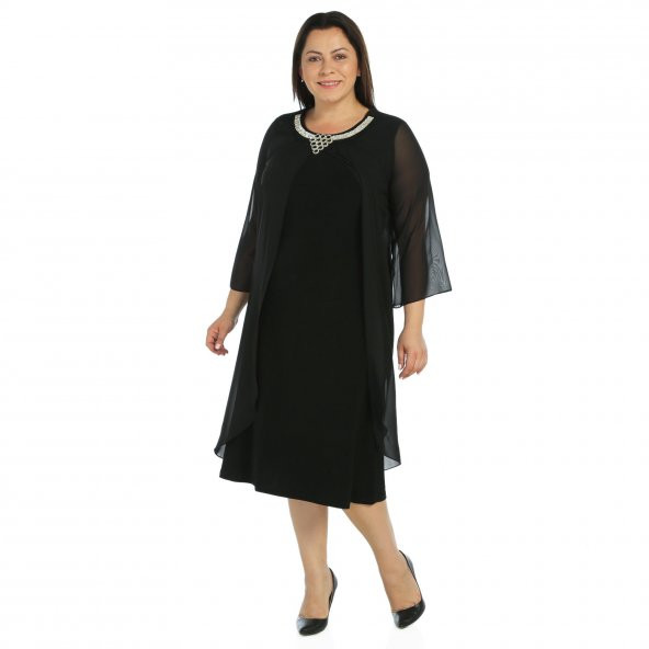 Nidya Moda Büyük Beden Taşlı Yaka Üst Uzun  Şifonlu Siyah Abiye Elbise-4095S