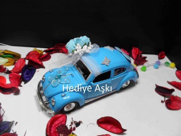 Hediye Aşkı - Kişiye Özel Plakalı Süslü Mavi Vosvos Gelin Arabası