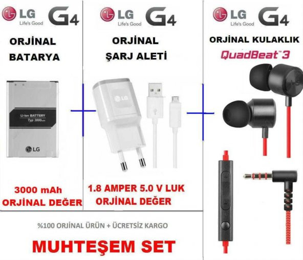 Lg G4 Batarya Pil + Şarj Aleti Usb + Quadbeat 3 Kulaklık Set