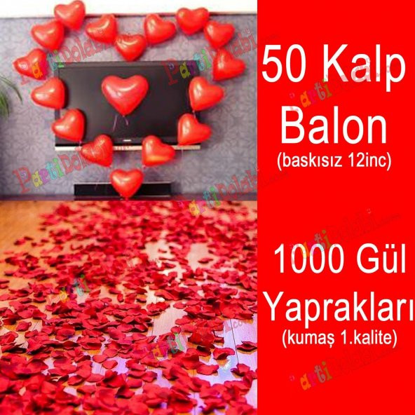 50 Kalp Balon + 1000 Yapay Gül Kalpli Balon Ve Gül Yaprakları