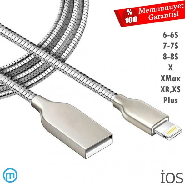 Apple iPhone 5, 6, 7, 8, X, PLus Metal Yaylı Usb Hızlı Şarj Kablo