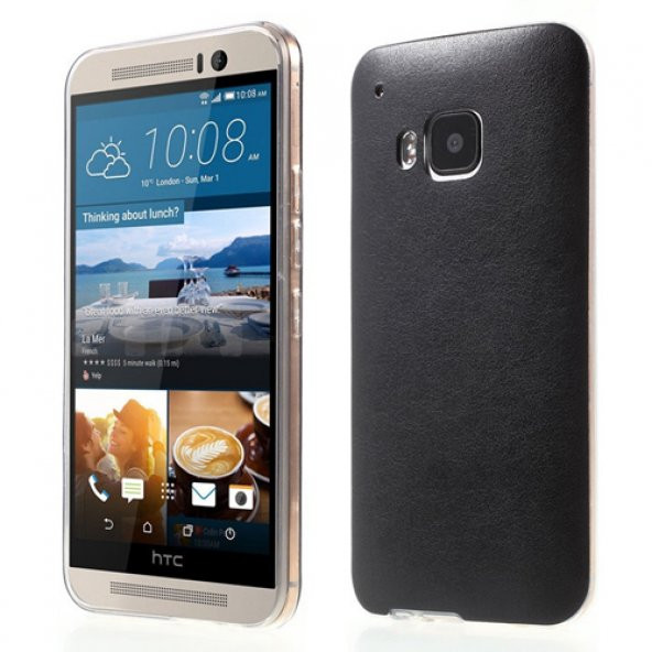 HTC One M9 Kılıf Deri Dokulu Arka Kapak Siyah