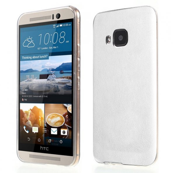 HTC One M9 Kılıf Deri Dokulu Arka Kapak Beyaz