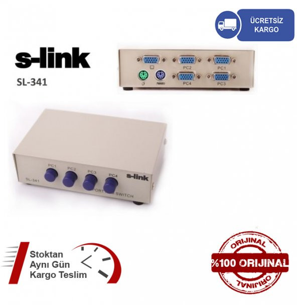 S-LINK SL-341 4 Port VGA+PS2 1,8 m M/M Kablolu Manuel Kvm Switch