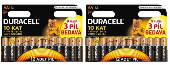 Duracell AA Kalem Pil 9+3 2 Paket (24 Adet)
