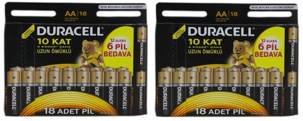 Duracell AA Kalem Pil 13+5 2 Paket (36 Adet)/9+3 (36 adet)