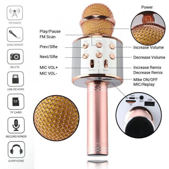 Karaoke Mikrofon Radyo Bluetooth Hoparlör Ses Bombası Müzik Çalar - 5