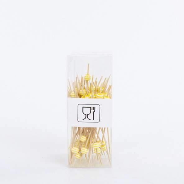 LoveQ Bambu Kürdan "Sarı Top / Beyaz Çizgili" 50Li Paket 15 Cm