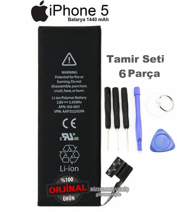 Apple İPhone 5 Orjinal Batarya A1429 1440 Mah Pil + 6lı Tamir Se